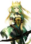  1girl ahoge animal_ears arm_belt atalanta_(fate) black_gloves blonde_hair bow_(weapon) cowboy_shot dress fate/apocrypha fate_(series) gloves gradient_hair green_dress green_eyes green_hair holding holding_bow_(weapon) holding_weapon looking_at_viewer multicolored_hair obihiro pelvic_curtain pleated_skirt puffy_short_sleeves puffy_sleeves short_sleeves simple_background skirt solo thighhighs weapon white_background 