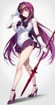  1girl absurdres breasts covered_navel elbow_gloves fate/grand_order fate_(series) full_body gae_bolg_(fate) gloves hair_between_eyes hairband high_heels highres large_breasts long_hair looking_at_viewer miniskirt mukunokino_isshiki polearm purple_hair purple_sailor_collar purple_skirt red_eyes sailor_collar scathach_(fate) shirt short_sleeves skirt spear weapon white_gloves white_shirt 