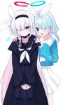  2girls :d absurdres amaton707 aqua_hair arona_(blue_archive) black_choker black_coat black_pantyhose black_serafuku black_skirt blue_archive blue_eyes blue_serafuku blunt_bangs braid choker coat collarbone colored_inner_hair commentary_request flying_sweatdrops grey_eyes hair_ornament hair_over_one_eye hairband halo hands_on_another&#039;s_shoulders head_tilt highres long_hair long_sleeves looking_at_viewer multicolored_hair multiple_girls open_clothes open_coat pantyhose parted_bangs plana_(blue_archive) pleated_skirt school_uniform serafuku short_hair sidelocks simple_background single_braid skirt smile two-tone_hair v_arms white_background white_choker white_hair white_skirt 