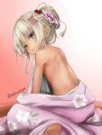  1girl akino_shuu blonde_hair blush bow flat_chest floral_print flower grecale_(kancolle) green_eyes hair_bow hair_flower hair_ornament japanese_clothes kantai_collection kimono looking_at_viewer open_mouth pink_bow pink_flower pink_kimono print_kimono red_flower short_hair solo twitter_username 