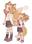  2boys absurdres aged_down alternate_costume animal_ears bandaid bandaid_on_knee bandaid_on_leg between_legs blonde_hair brown_footwear collared_shirt colored_tips commentary_request crying crying_with_eyes_open forked_eyebrows fox_boy fox_ears fox_tail full_body highres hugging_another&#039;s_tail hugging_tail kemonomimi_mode kimetsu_no_yaiba kneehighs loafers long_hair long_sleeves looking_back male_focus meremero multicolored_hair multiple_boys neck_ribbon open_mouth red_eyes red_hair red_ribbon rengoku_kyoujurou rengoku_senjurou ribbon sailor_collar sailor_shirt shirt shoes short_sleeves simple_background smile sneakers socks standing tail tail_between_legs tears translation_request white_background white_shirt 