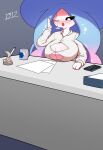 2024 3_fingers absurd_res anthro big_breasts blue_hair blush bodily_fluids breasts bulge clothed clothing container cup electronics female fingers formal_wear furniture generation_8_pokemon hair hatterene hi_res holding_object huge_breasts i3i2455_ivi394 mug multicolored_hair nintendo nipple_outline open_mouth paper pen phone pink_hair pokemon pokemon_(species) simple_background solo sweat table topwear white_body writing_utensil