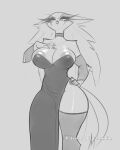 anthro areola avian bird breasts cleavage clothed clothing elzzombie eyelashes female front_view helluva_boss hi_res looking_at_viewer monochrome owl sketch solo stella_(helluva_boss) thick_thighs