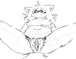 anthro belly blush blush_lines canid canine canis changed_(video_game) ear_tuft goo_creature looking_at_viewer male mammal mask mentain_deow navel pubes puro_(changed) solo spread_legs spreading trans_(lore) trans_man_(lore) tuft wolf