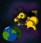 2023 2d antennae_(anatomy) anthro april_(month) arthropod arthropod_abdomen bee bee_(fluffybeeboy) big_butt butt colored earth fluffy fluffybeeboy fur hymenopteran insect looking_down macro male mandibles moon orange_eyes planet solo space wide_hips yellow_body yellow_fur