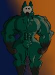 2d abs anthro big_calves blood bodily_fluids colored dried_blood ears_up fluffy fluffybeeboy fur green_body green_fur hi_res looking_at_viewer male mask muscular muscular_anthro muscular_male muscular_thighs pecs solo standing unknown_species zephyr_(fluffybeeboy)