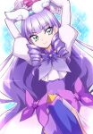 1girl absurdres arms_up blue_background bow closed_mouth cure_noble dress dress_bow drill_hair drill_sidelocks gloves green_eyes highres hirogaru_sky!_precure long_hair looking_at_viewer magical_girl multicolored_eyes pink_eyes precure princess_ellerein puffy_sleeves purple_bow purple_dress purple_hair purple_thighhighs sidelocks smile solo sparkle thighhighs usoco white_gloves 