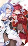  2girls animal_ear_fluff animal_ears blue_hair blush bodystocking braid breasts carrot_hair_ornament covered_navel food-themed_hair_ornament hair_ornament heterochromia highres hololive houshou_marine houshou_marine_(1st_costume) large_breasts long_hair looking_at_viewer multicolored_hair multiple_girls navel rabbit_ears rabbit_girl red_eyes red_hair shuri_(84k) small_breasts thick_eyebrows twin_braids twintails two-tone_hair usada_pekora usada_pekora_(1st_costume) virtual_youtuber white_hair yellow_eyes 