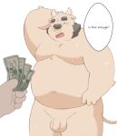 2023 anthro balls belly big_belly blush bovid bovine cattle dialogue duo english_text facial_piercing flaccid genitals ginsingoo1 holding_money holding_object humanoid_genitalia humanoid_hands humanoid_penis kemono male mammal money moobs nipples nose_piercing nose_ring overweight overweight_male penis piercing ring_piercing solo_focus speech_bubble text