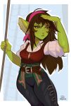  1girl absurdres artist_name belt black_eyes black_pants brown_belt brown_hair collared_shirt colored_sclera colored_skin earrings female_goblin goblin green_skin hairband highres holding holding_polearm holding_weapon jewelry large_ears long_hair maewix_(artist) narrowed_eyes necklace original pants pink_hairband pirate pointy_ears polearm red_tank_top ring shirt short_sleeves solo tank_top weapon white_shirt yellow_sclera 