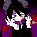  1boy @_@ bags_under_eyes bishounen black_background black_hair black_nails black_suit blood blood_on_face blood_on_hands blood_on_knife colored_skin demon_boy demon_horns demon_wings evil_smile funamusea funamusea_(artist) gradient_background holding holding_knife horns knife official_art purple_background purple_blood purple_eyes purple_outline satanick_(funamusea) shaded_face sharp_teeth smile solo suit sweat sweatdrop teeth white_skin wings yandere 