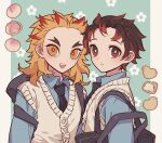  2boys :d alternate_costume bag black_hair black_necktie blonde_hair blue_background blue_shirt collared_shirt colored_tips commentary_request contemporary food forked_eyebrows fruit highres kamado_tanjirou kimetsu_no_yaiba long_sleeves looking_at_viewer male_focus meremero multicolored_hair multiple_boys necktie open_mouth peach red_eyes red_hair rengoku_kyoujurou school_bag school_uniform shirt short_hair smile sweater_vest upper_body yellow_eyes 