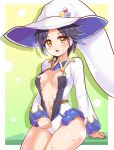  1girl black_hair breasts breath commentary commission cougar_(cougar1404) hat leotard long_sleeves looking_at_viewer navel open_leotard open_mouth original shadow short_hair sitting small_breasts solo sweat unzipped white_headwear white_leotard witch_hat yellow_eyes zelily_(cougar1404) 
