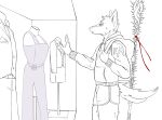 2022 5_fingers absurd_res against_surface anthro backpack biped bottomwear canid canid_demon canine canis cc-by-sa cheek_tuft clothed clothed_anthro clothed_male clothing creative_commons demon digital_drawing_(artwork) digital_media_(artwork) evening_dress eyebrows facial_tuft feathers fingers fluffy fluffy_tail fur fur_tuft gender_dysphoria glass_case hair hand_on_glass hellhound heptagram hi_res holding_strap hoodie humanoid_hands inner_ear_fluff jackal jacket leg_tuft line_art looking_at_clothing looking_at_object male male_anthro mammal mannequin melee_weapon number number_on_clothing number_on_jacket on_glass polearm portrait possumcrimes restricted_palette scp-6159-1 scp_foundation shorts side_view sigil_(symbol) sigil_of_babalon simple_background slit_dress solo spear standing story_at_source tail text text_on_clothing text_on_jacket text_on_topwear thorns three-quarter_portrait topwear trans_(lore) trans_woman_(lore) tuft weapon white_background whore_of_blood