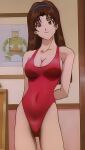  absurdres bad_source breasts brown_eyes brown_hair cleavage highres katsuda_naoko looking_at_viewer medium_breasts one-piece_swimsuit resized swimsuit upscaled waifu2x 