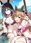  2girls absurdres alternate_costume animal_ears armband beach bikini black_bikini blue_eyes blue_sky blush book breasts brown_eyes brown_hair cloud cloudy_sky commentary_request cowboy_shot criss-cross_halter cup ear_ornament eishin_flash_(umamusume) hair_between_eyes hair_ornament halterneck highres holding holding_book holding_cup horse_ears horse_girl horse_tail kaniitama looking_at_viewer medium_breasts medium_hair multiple_girls nail_polish ocean one_eye_closed open_mouth outdoors parted_lips pink_bikini scrunchie short_hair sitting sky smart_falcon_(umamusume) smile swimsuit tail thigh_strap twintails umamusume viewfinder w wrist_scrunchie 