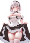  1girl absurdres azur_lane blush breasts choker classic_(zildjian33) cleavage dress frills hair_between_eyes hairband highres large_breasts lifted_by_self looking_at_viewer maid panties red_eyes short_hair short_sleeves simple_background sirius_(azur_lane) solo thighhighs thighs underwear white_hair 