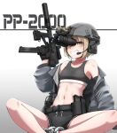 1girl black_gloves black_shorts black_sports_bra blonde_hair breasts collarbone combat_helmet commentary_request dolphin_shorts ear_protection gloves grey_jacket grin gun helmet highres jacket long_sleeves looking_at_viewer magazine_(weapon) medium_hair microphone navel night_vision_device off_shoulder open_mouth optical_sight original pp-2000 radio sekino_takehiro shoes shorts sitting small_breasts smile solo sports_bra submachine_gun suppressor teeth trigger_discipline weapon yellow_eyes 