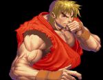 animated animated_gif blonde_hair dougi fighting_stance furrowed_brow karate_gi ken_masters lowres muscular muscular_male parody serious simple_background street_fighter street_fighter_ii_(series) thick_eyebrows third-party_edit 