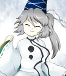  1girl ^_^ blue_headwear closed_eyes closed_mouth grey_hair hair_between_eyes hat japanese_clothes kariginu long_hair long_sleeves mononobe_no_futo nonamejd official_style ribbon-trimmed_sleeves ribbon_trim side_ponytail smile solo tate_eboshi touhou wide_sleeves zun_(style) 