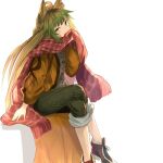  1girl alternate_costume animal_ears atalanta_(fate) blonde_hair braid fate/apocrypha fate/grand_order fate_(series) full_body gradient_hair green_eyes green_hair green_pants jacket long_sleeves looking_at_viewer multicolored_hair orange_jacket pants pants_rolled_up red_footwear red_scarf scarf shadow simple_background sitting solo white_background yatsuka_(846) 