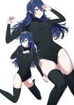  1girl alternate_costume ameno_(a_meno0) black_leotard black_thighhighs blue_eyes blue_hair blush breasts fire_emblem fire_emblem_awakening grin hair_between_eyes hand_up highleg highleg_leotard kneeling leotard long_hair long_sleeves looking_at_viewer lucina_(fire_emblem) lying medium_breasts multiple_views ribbed_leotard ribbed_thighhighs simple_background smile thighhighs tiara turtleneck white_background 