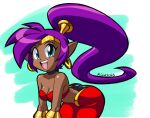 blue_eyes breasts cleavage clothed clothing dark_body dark_skin ear_piercing ear_ring female genie hair hi_res humanoid humanoid_pointy_ears long_hair looking_at_viewer not_furry open_mouth open_smile piercing ponytail purple_hair ring_piercing rongs1234 shantae shantae_(series) signature simple_background smile solo wayforward