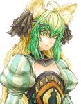  1girl ahoge animal_ear_fluff animal_ears atalanta_(fate) blonde_hair closed_mouth fate/grand_order fate_(series) green_eyes green_hair hair_ornament highres inaka_blade juliet_sleeves long_sleeves looking_ahead puffy_sleeves serious sidelocks simple_background solo striped_sleeves upper_body white_background 