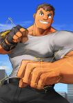 1boy absurdres bara brown_hair clenched_hands cowboy_shot facial_hair fighting_stance foreshortening forked_eyebrows goatee goatee_stubble grin highres large_pectorals long_sideburns male_focus muscular muscular_male pants pectorals ruvkun shirt sideburns smile solo sparse_arm_hair stubble t-shirt takabushi_kengo thick_eyebrows tokyo_afterschool_summoners 