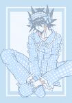  1boy 5656isikoro black_hair blue_eyes blue_pajamas bow closed_mouth facial_mark facial_tattoo frills fudou_yuusei headband highres male_focus marking_on_cheek multicolored_hair pajamas short_hair slippers spiked_hair streaked_hair tattoo yu-gi-oh! yu-gi-oh!_5d&#039;s 