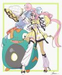  1girl :d asymmetrical_legwear bellibolt blue_hair bow bow-shaped_hair braid character_hair_ornament commentary_request floating_hair frills hair_ornament happy hari611 highres iono_(pokemon) jacket long_hair multicolored_hair open_mouth pink_hair pokemon pokemon_(creature) pokemon_sv shoes signature sleeves_past_fingers sleeves_past_wrists smile standing sunglasses teeth twintails two-tone_hair upper_teeth_only white_background white_jacket yellow_bow 