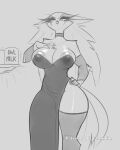 anthro areola avian bird bodily_fluids breasts cleavage clothed clothing elzzombie eyelashes female front_view helluva_boss hi_res lactating looking_at_viewer monochrome owl sketch solo stella_(helluva_boss) thick_thighs