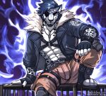 absurd_res anthro bulge cage clothed clothing dominant dominant_male english_text eye_patch eyewear felid fur harness hi_res jacket leering male mammal mercenary midnight_blue muscular muscular_anthro muscular_male pantherine piercing sitting smuggler snow_leopard solo text topwear
