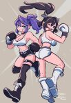  2girls ;d amazu_(kurozu) ass bare_shoulders black_choker black_footwear black_hair black_shorts black_thighhighs blue_eyes boots boxing_gloves breasts brown_background choker cleavage collarbone commentary commission cross-laced_footwear english_commentary floating_hair grey_ribbon grin hair_between_eyes hair_ribbon highres knee_boots kneepits lace-up_boots long_hair medium_breasts mole mole_on_breast multiple_girls one_eye_closed original ponytail purple_hair ribbon short_shorts shorts smile sports_bra thank_you thighhighs thighhighs_under_boots twintails very_long_hair white_footwear white_shorts 