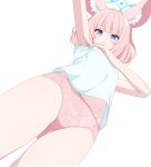  1girl absurdres animal_ear_fluff animal_ears armpits blue_archive blue_camisole blue_eyes blue_halo blush camisole closed_mouth cowboy_shot fox_ears halo highres niko_(blue_archive) panties pink_hair pink_panties short_hair simple_background solo tomu_(tom_309k) underwear white_background 
