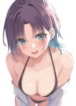  1girl aqua_hair asakura_toru ass_visible_through_thighs bikini black_bikini blush breasts cleavage collarbone earrings gradient_hair hatsu_(first_snow) highres idolmaster idolmaster_shiny_colors jewelry leaning_forward looking_at_viewer medium_breasts multicolored_hair navel purple_hair simple_background smile solo stomach string_bikini swimsuit white_background 