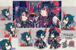  2girls black_hair claws fangs hair_ornament hand_fan hand_up holding holding_fan kantarou_(8kan) looking_at_viewer multicolored_hair multiple_girls multiple_views outdoors personification pokemon pokemon_(creature) red_eyes red_hair smile sneasel thank_you two-tone_hair weavile 