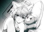  1girl ahoge alternate_costume animal_ears atalanta_(fate) bed blush camisole cat_ears closed_mouth fate/apocrypha fate/grand_order fate_(series) frown greyscale long_hair looking_at_viewer lying monochrome morino_fukurou on_side pillow solo stuffed_animal stuffed_toy teddy_bear upper_body 