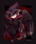  1boy black_background black_coat black_hair black_pants black_wings brown_horns chain character_name claws closed_mouth coat devil_jin facial_mark feathered_wings forehead_jewel frown full_body gloves highres horns kazama_jin kotorai long_sleeves looking_ahead male_focus no_nose pants red_eyes red_gloves shaded_face signature studded_gloves tekken wings 