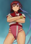  1980s_(style) 1girl angry blue_headband breasts brown_eyes brown_hair closed_mouth crossed_arms frown gunbuster_pose headband highres leotard looking_at_viewer medium_breasts michibata_anko pink_leotard purple_leotard retro_artstyle shiny_skin short_hair solo standing takaya_noriko thighs top_wo_nerae! wristband yellow_wristband 