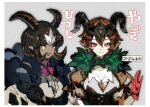  2girls :d black_horns breasts brown_hair dark-skinned_female dark_skin dubwool fur_trim gloves gogoat grey_background hand_up horns kantarou_(8kan) large_breasts looking_at_viewer multiple_girls personification pointy_ears pokemon red_eyes red_gloves sketch smile upper_body yellow_eyes 