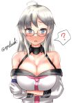 1girl ? absurdres agodashi ahoge arms_under_breasts black_sailor_collar breasts cleavage crossed_arms glasses gloves grey_eyes grey_hair heywood_l._edwards_(kancolle) highres kantai_collection large_breasts long_hair looking_at_viewer neckerchief one-hour_drawing_challenge open_mouth pink_neckerchief sailor_collar school_uniform serafuku simple_background solo spoken_question_mark twitter_username upper_body white_background white_gloves 