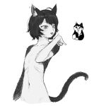  1girl absurdres animal_ears arm_at_side black_hair body_fur cat cat_ears cat_girl cat_tail completely_nude dungeon_meshi flat_chest greyscale hand_up hashtag_only_commentary highres izutsumi licking looking_to_the_side mismatched_animal_ears monochrome navel nude okanezero0 short_hair simple_background slit_pupils standing swept_bangs tail tongue tongue_out upper_body 