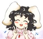  1girl :d ^_^ animal_ears black_hair blush_stickers carrot_necklace closed_eyes double_v floppy_ears hands_up inaba_tewi jewelry necklace nonamejd official_style open_mouth puffy_sleeves rabbit_ears rabbit_girl simple_background smile solo teeth touhou upper_body upper_teeth_only v white_background zun_(style) 