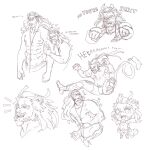  2boys animal_ears bara beard cat_boy cat_ears cat_tail chibi clinging daintydropkicks duplicate english_text eyepatch facial_hair fangs hairy_chest highres male_focus multiple_boys muscular muscular_male original pixel-perfect_duplicate plump_male sideburns sketch smile tail toeless_legwear topless_male 
