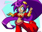 blue_eyes breasts clothing ear_piercing ear_ring female footwear genie hair hi_res humanoid humanoid_pointy_ears long_hair looking_at_viewer not_furry open_mouth open_smile piercing ponytail purple_hair ring_piercing rongs1234 shantae shantae_(series) signature simple_background smile solo tan_body tan_skin wayforward