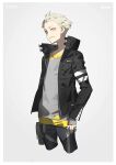  1boy black_jacket black_pants blonde_hair character_name commentary cropped_legs grey_background grey_shirt highres jacket looking_at_viewer male_focus neco open_clothes open_jacket pants shirt short_hair simple_background solo synduality tokio_(synduality) yellow_eyes 