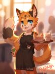 2024 anthro apron blue_eyes blurred_background cheek_tuft clothing dated facial_tuft felid female fur glistening glistening_eyes hi_res holding_notebook holding_object holding_pen holding_plate inner_ear_fluff looking_at_viewer mammal notebook open_mouth open_smile orange_body orange_fur papayafurry pen pink_tongue portrait smile solo standing three-quarter_portrait tongue tuft waiter white_body white_fur white_inner_ear_fluff