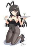  1girl alternate_costume animal_ears bare_shoulders black_hair black_leotard black_pantyhose blush breasts cleavage cocktail cocktail_glass covered_navel cup dated detached_collar drinking_glass embarrassed fake_animal_ears hair_ribbon highres isokaze_(kancolle) kantai_collection kishi_nisen kneeling leotard long_hair looking_at_viewer martini medium_breasts olive pantyhose playboy_bunny rabbit_ears red_eyes ribbon simple_background solo strapless strapless_leotard tray tress_ribbon twitter_username 