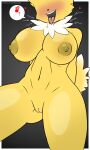 absurd_res anthro blush blush_lines bodily_fluids breasts butt digital_drawing_(artwork) digital_media_(artwork) eeveelution female fizzyizzi fur generation_1_pokemon genitals hi_res jolteon nintendo nipples nude open_mouth pokemon pokemon_(species) pussy shaded simple_background solo speech_bubble sweat sweatdrop tail text tongue tongue_out url yellow_body yellow_fur